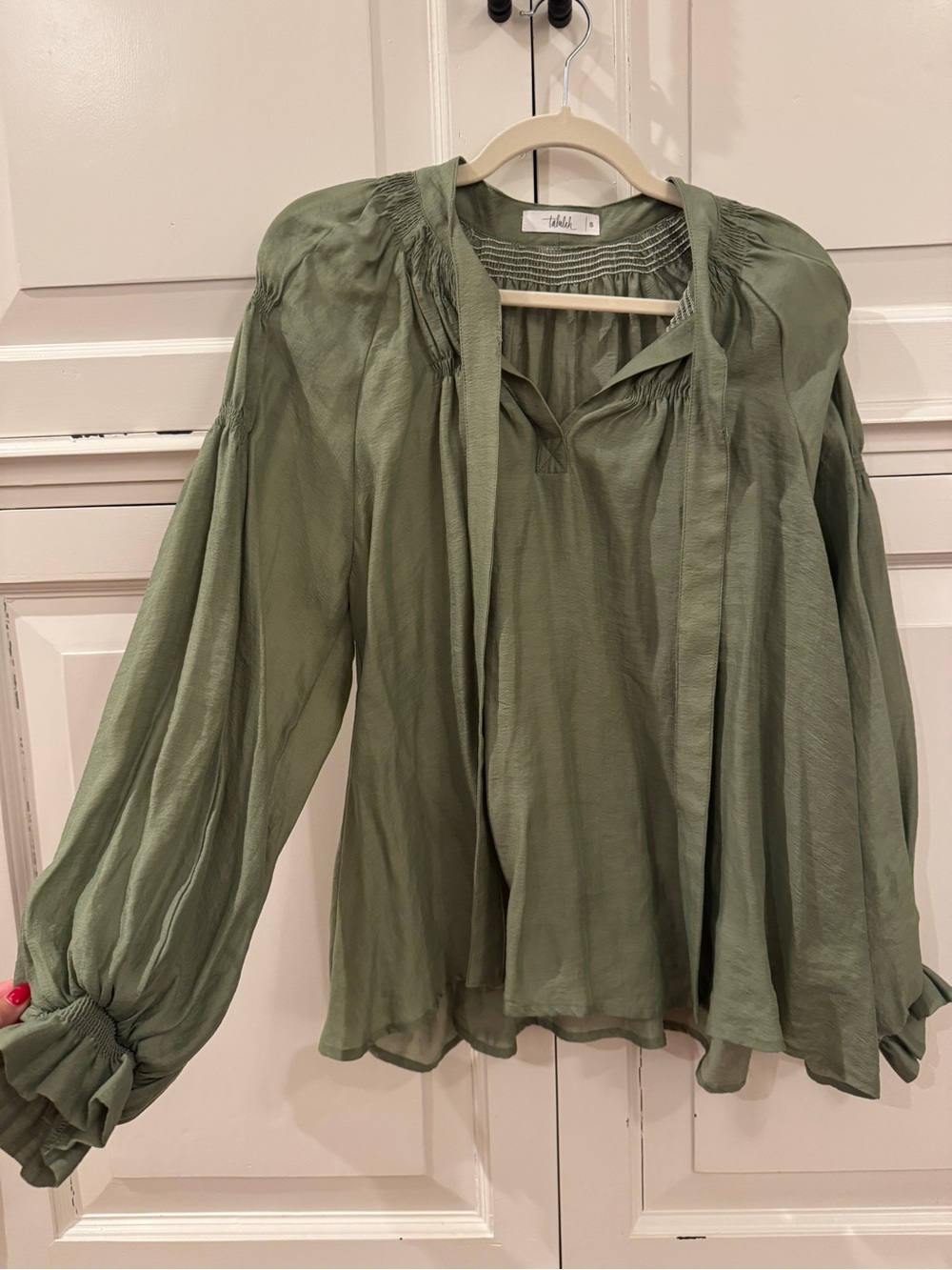 Light Olive Green Smocked-Neck Peasant Blouse